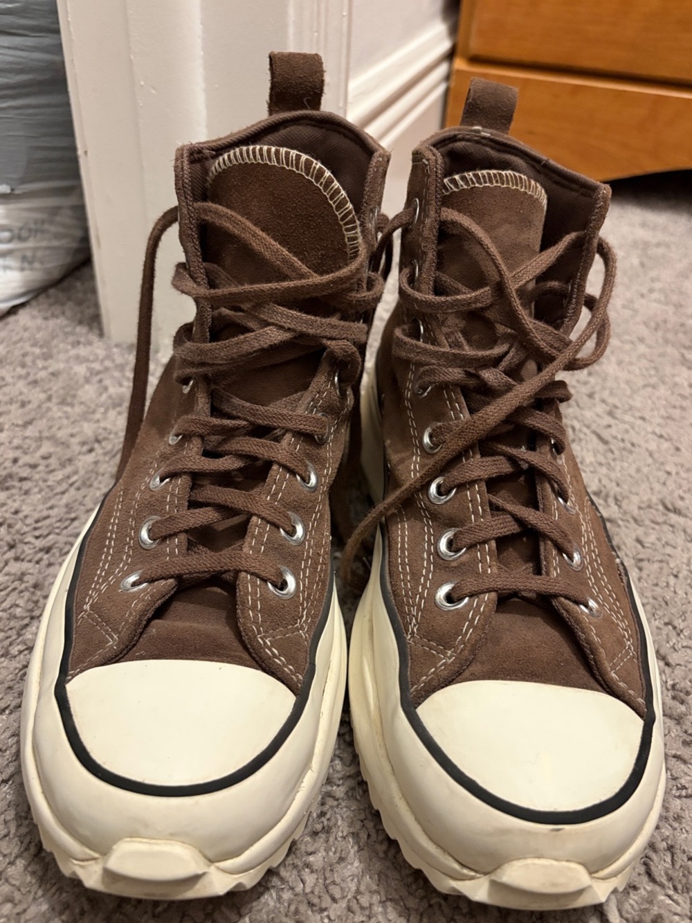 Brown High-Top Canvas Sneakers with Chunky Off-White Sole